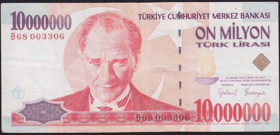 7.Emisyon 10 000 000 Lira B68 003306 Çok Temiz+