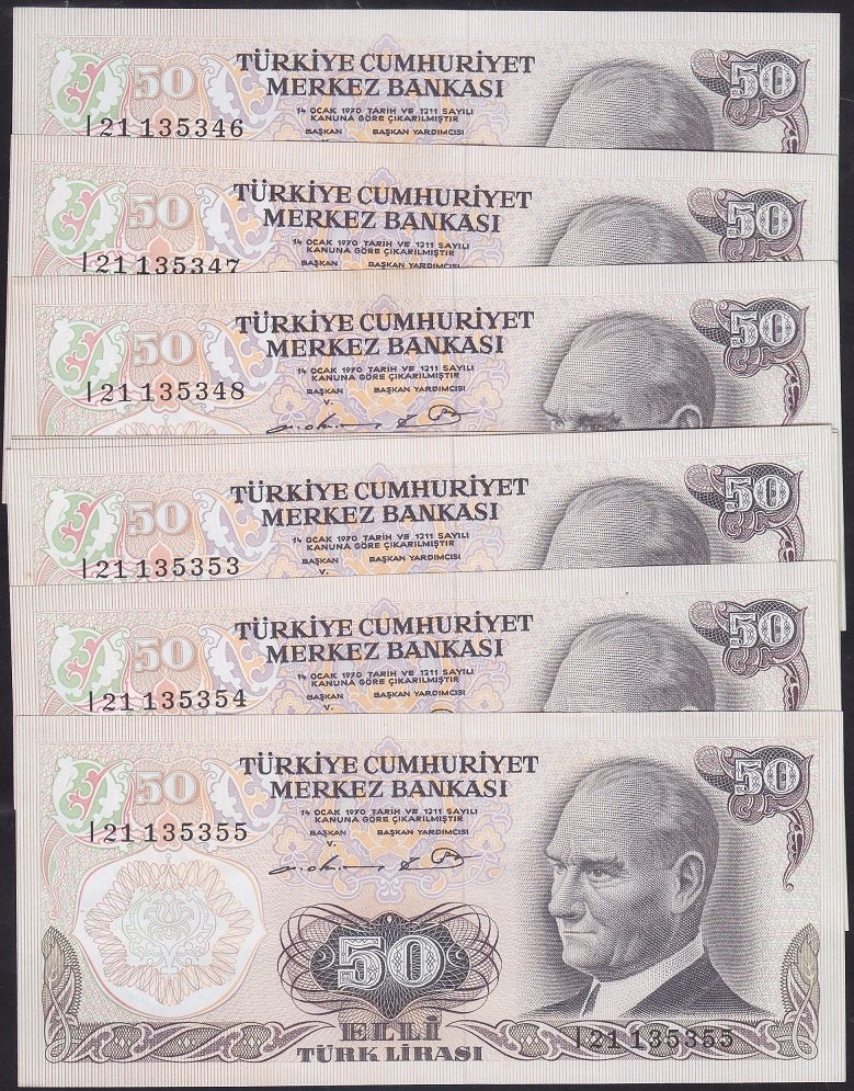 6.EMİSYON 2.TERTİP 50 LİRA I21 135346 - 355 SERİ TAKİPLİ 10 ADET ÇİL