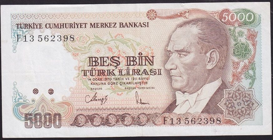 7.Emisyon 3.Tertip 5000 Lira F13 562398 Çok Temiz+