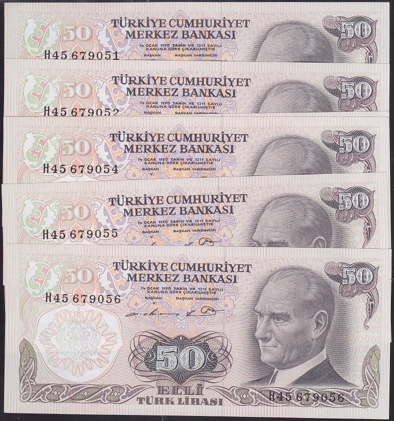 6.EMİSYON 1.TERTİP 50 LİRA H45 679051 - 056 SERİ TAKİPLİ 6 ADET ÇİL