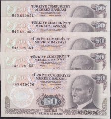 6.EMİSYON 1.TERTİP 50 LİRA H45 679051 - 056 SERİ TAKİPLİ 6 ADET ÇİL