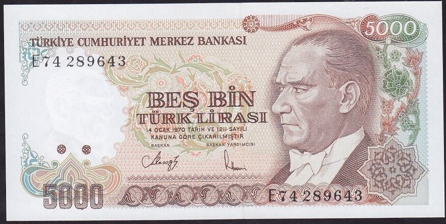7.Emisyon 3.Tertip 5000 Lira E74 289643 Çil