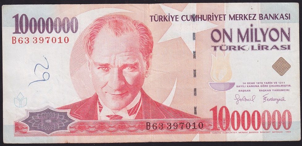 7.Emisyon 10 000 000 Lira B63 397010 Çok Temiz