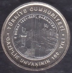 2021 Yılı Gaziantep Gazilik Ünvanının 100. Yılı Bimetal Tedavül 1 Lira Çil - Ters