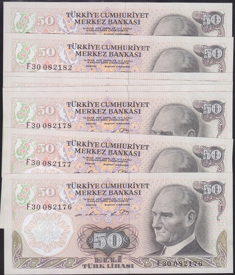 6.EMİSYON 1.TERTİP 50 LİRA F30 082176 - 183 SERİ TAKİPLİ 8 ADET ÇİLALTI ÇİL