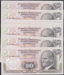 6.EMİSYON 1.TERTİP 50 LİRA F30 082176 - 183 SERİ TAKİPLİ 8 ADET ÇİLALTI ÇİL