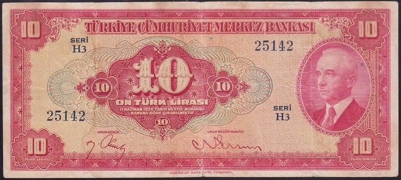 4.EMİSYON 1.TERTİP 10 LİRA H3 25142 ÇOK TEMİZ eski para