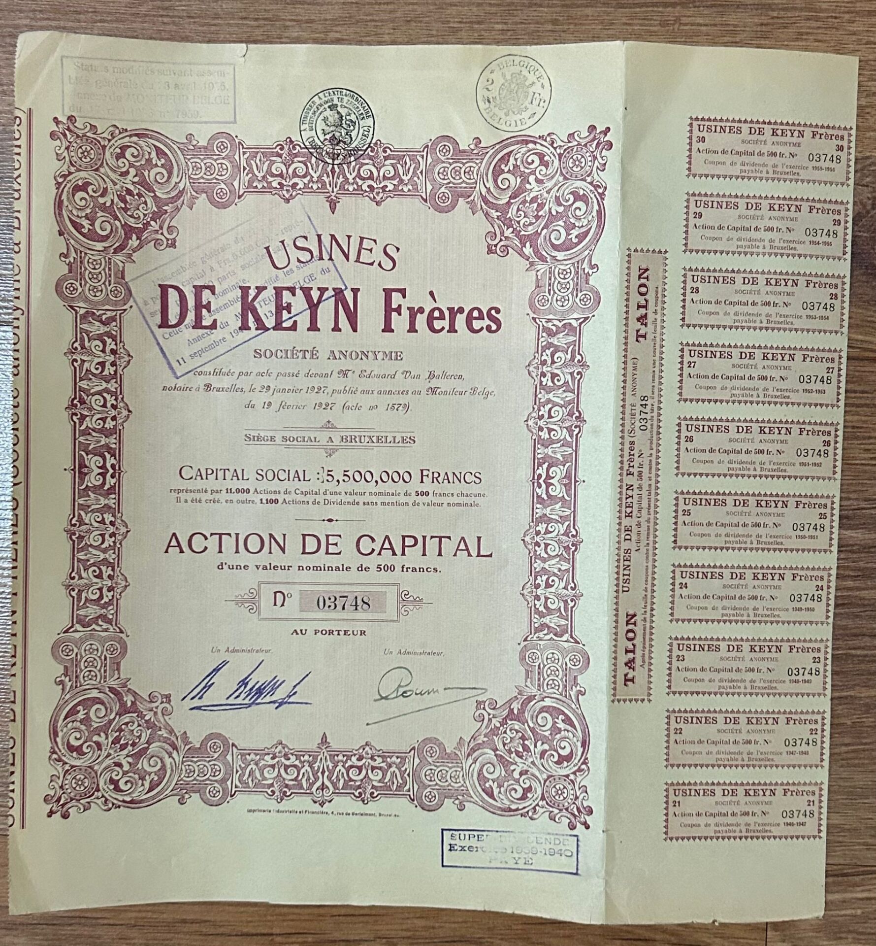 Hisse Senedi - USİNES DE KEYN FRERES 1927 ( 31 X 32 cm )