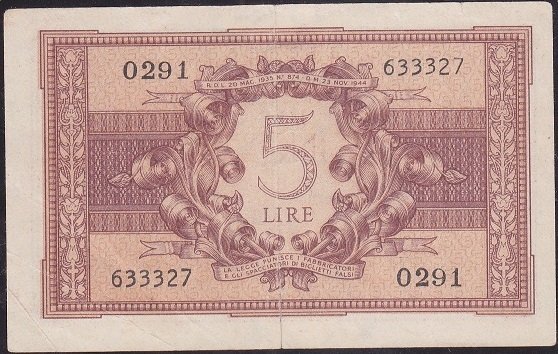İtalya 5 Lire 1944 Temiz