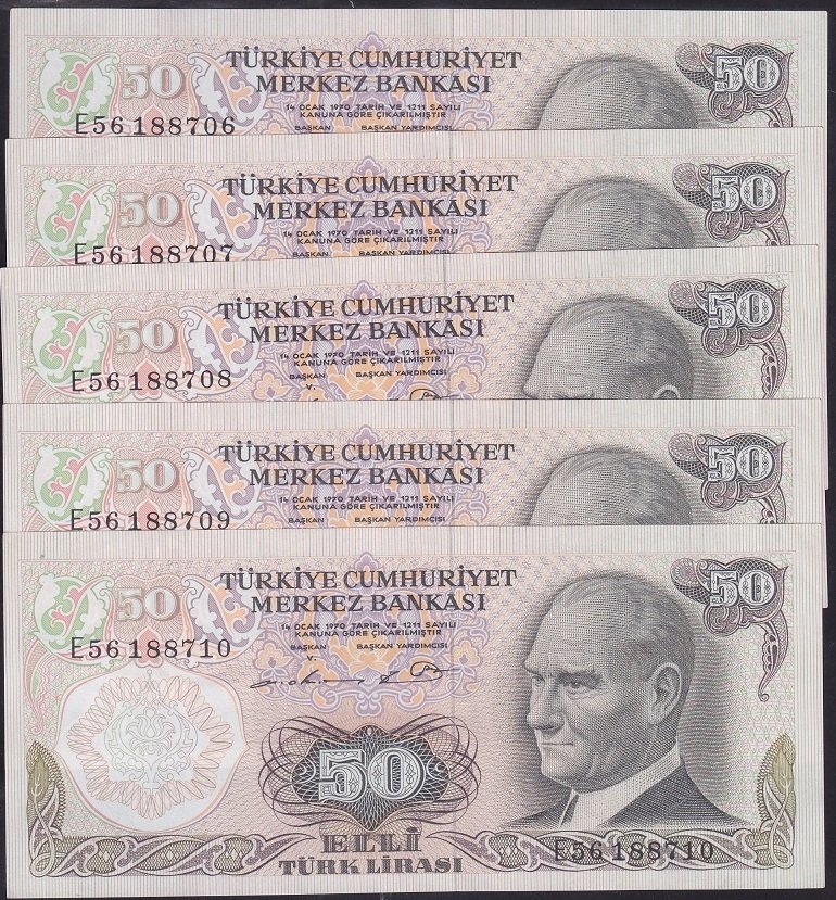 6.EMİSYON 1.TERTİP 50 LİRA E56 188706 - 710 SERİ TAKİPLİ 5 ADET ÇİLALTI ÇİL