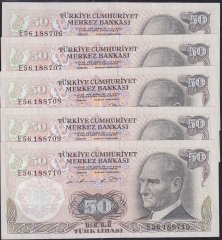 6.EMİSYON 1.TERTİP 50 LİRA E56 188706 - 710 SERİ TAKİPLİ 5 ADET ÇİLALTI ÇİL
