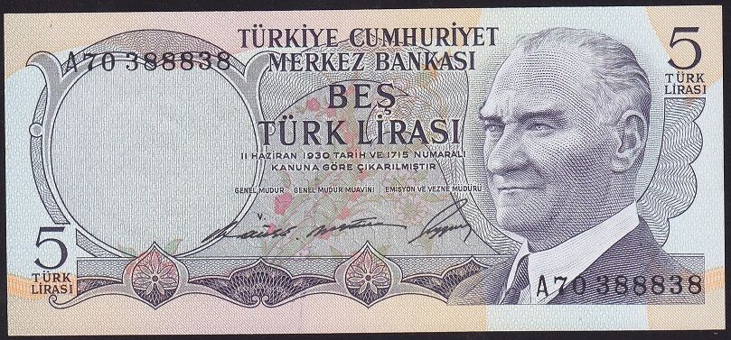 6.Emisyon 1.Tertip 5 Lira A70 388838 Ççt Çilaltı