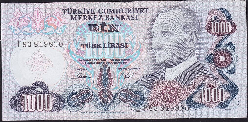 6.Emisyon 3.Tertip 1000 Lira F83 819820 Çok Temiz