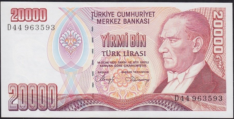 7.Emisyon 1.Tertip 20000 Lira D44 963593 Ççt Çilaltı