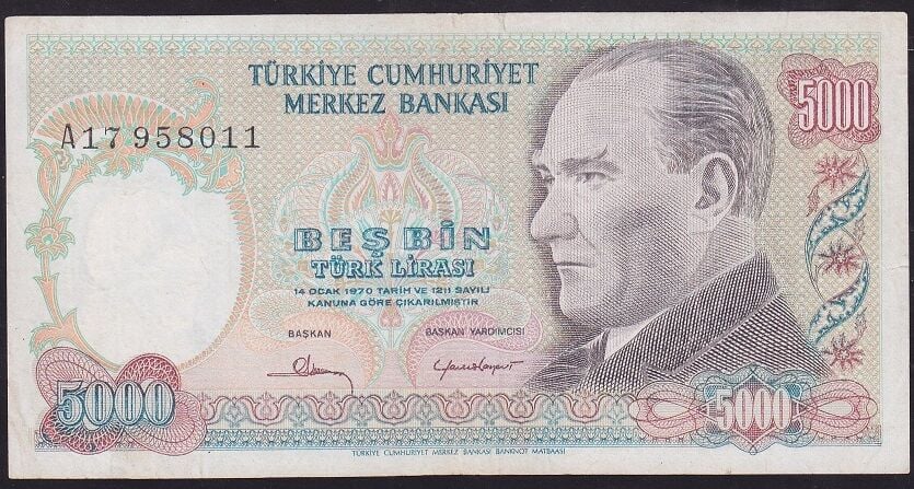 7.Emisyon 1.Tertip 5000 Lira A17 958011 Çok Temiz