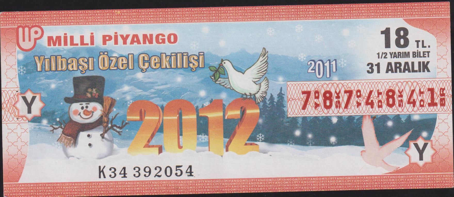 2011 31 Aralık Yarım Bilet Y Serisi