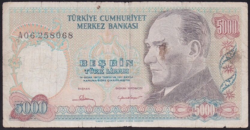 7.Emisyon 1.Tertip 5000 Lira A06 258068 Temiz