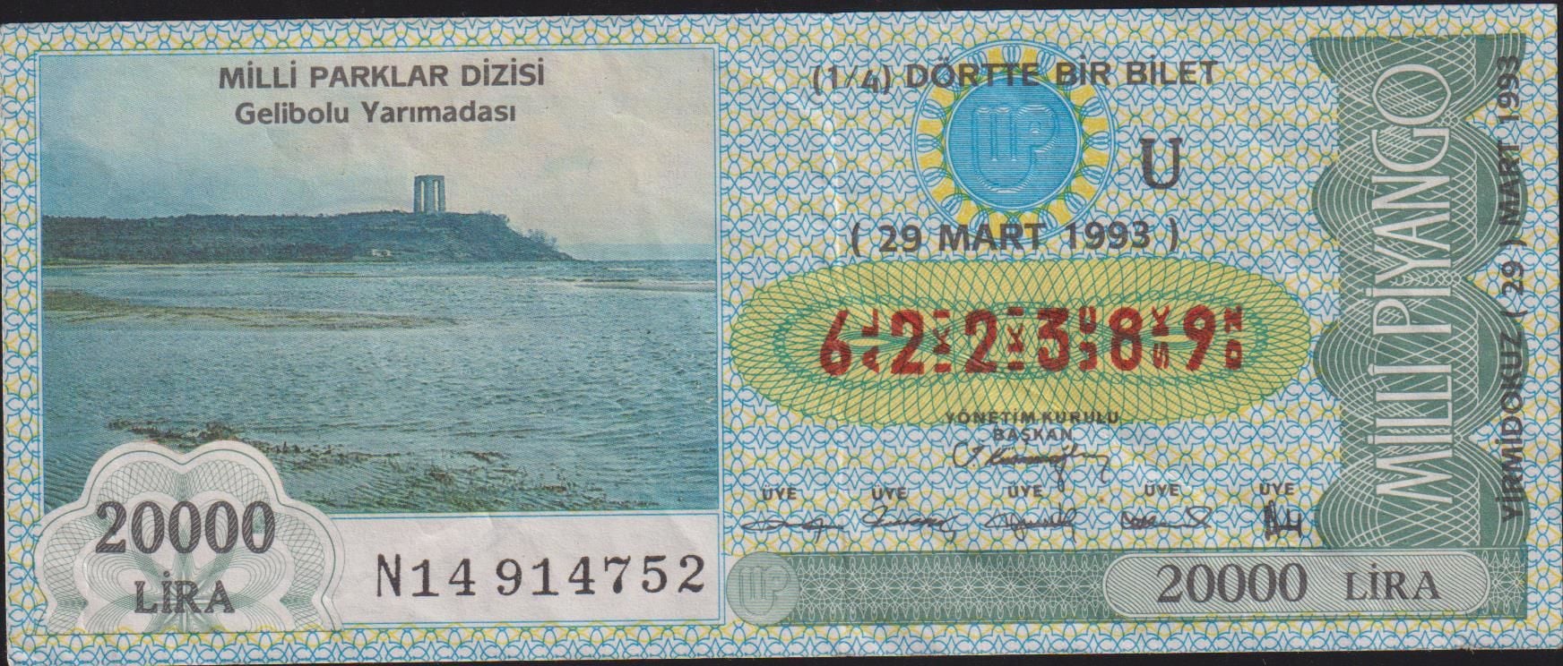 1993 29 Mart Çeyrek Bilet - U Serisi - Gelibolu Yarımadası