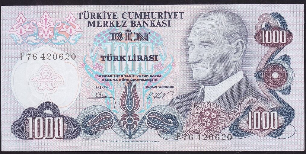 6.Emisyon 3.Tertip 1000 Lira F76 420620 Çilaltı