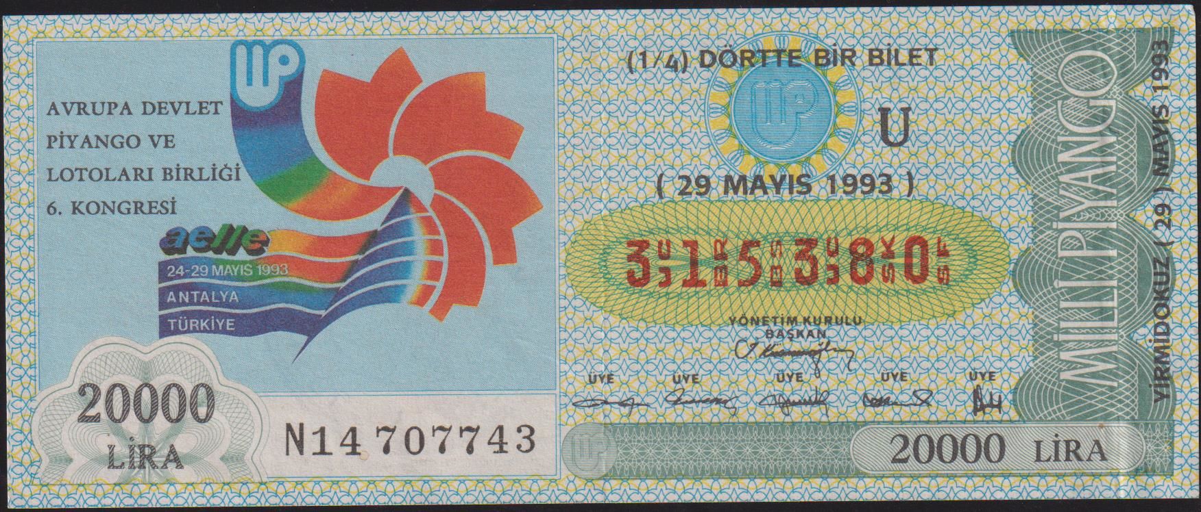 1993 29 Mayıs Çeyrek Bilet - U Serisi -Antalya