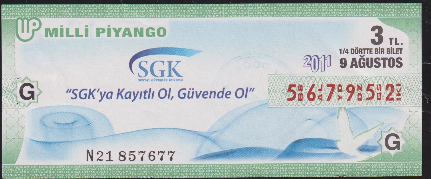 2011 9 Ağustos Çeyrek Bilet - G Serisi