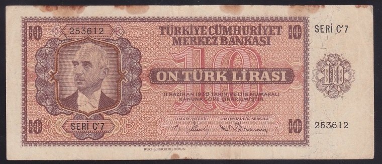 3.EMİSYON 10 LİRA C7 253612 ÇOK TEMİZ