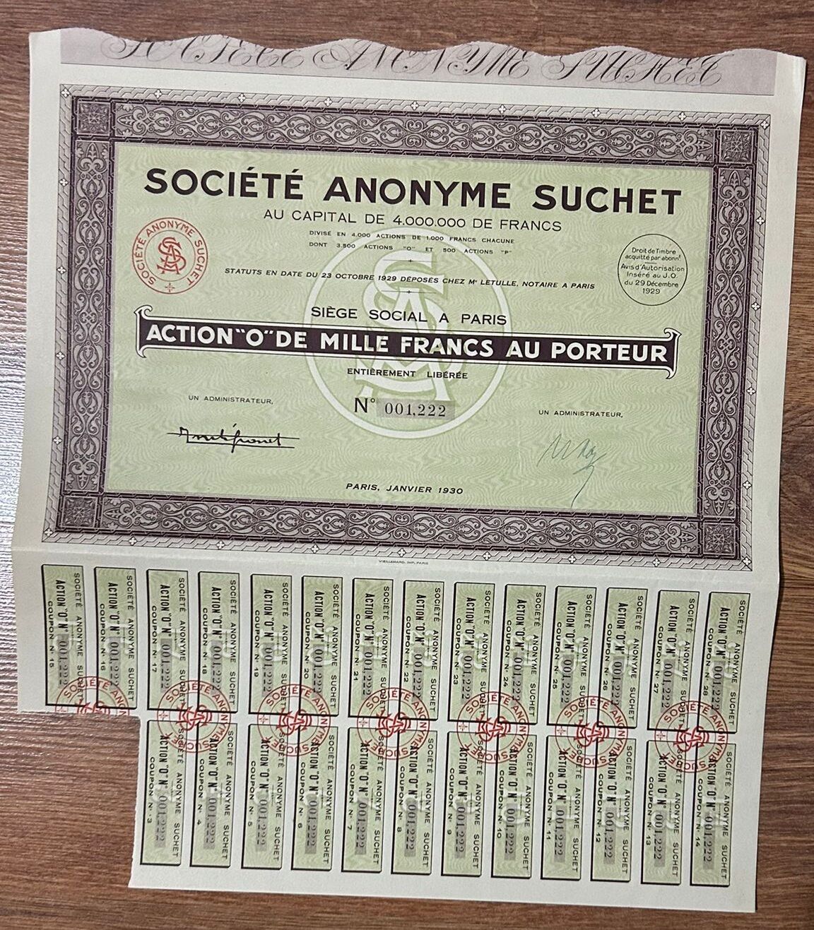 Hisse Senedi - Societe Anonyme Suchet 1930 ( 36 X 31,5 cm )