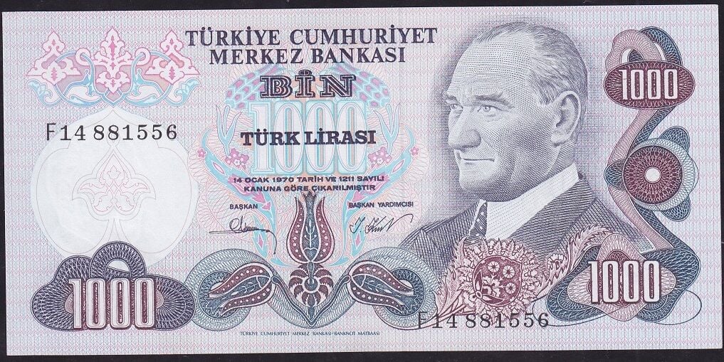 6.Emisyon 3.Tertip 1000 Lira F14 881556 Çilaltı