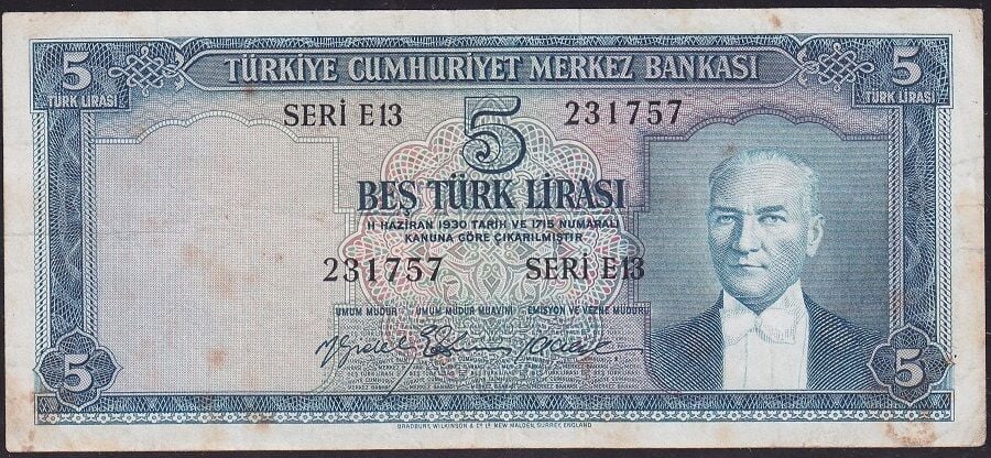 5.Emisyon 2.Tertip 5 Lira E13 231757 Çok Temiz