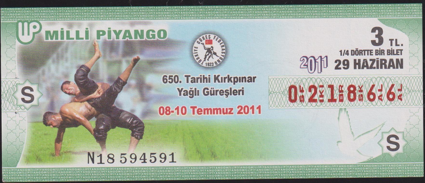 2011 29 Haziran Çeyrek Bilet - S Serisi - Kırkpınar Yağlı Güreşleri