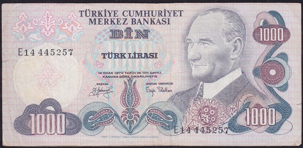 6.Emisyon 2.Tertip 1000 Lira E14 445257 Temiz