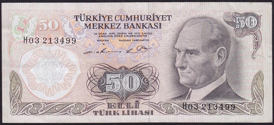 6.Emisyon 1.Tertip 50 Lira H03 213499 Çok Temiz+