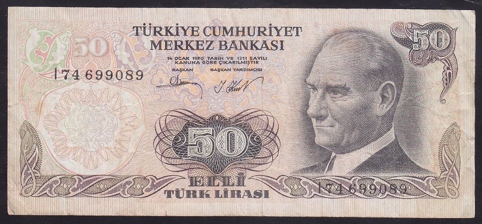 6.EMİSYON 2.TERTİP 50 LİRA I74 699089 ÇOK TEMİZ eski para alan yerler