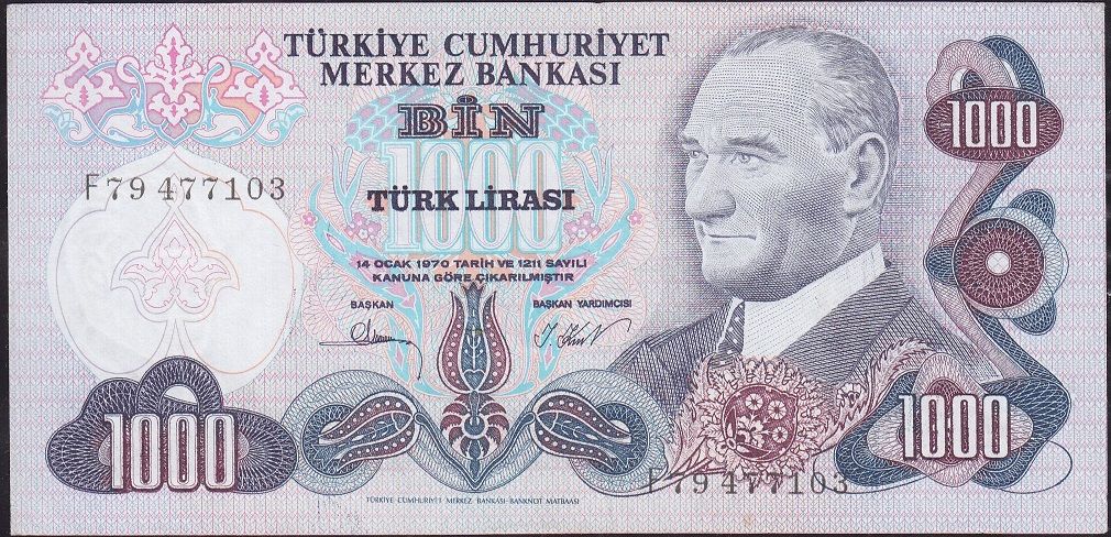 6.Emisyon 3.Tertip 1000 Lira F79 477103 Çilaltı
