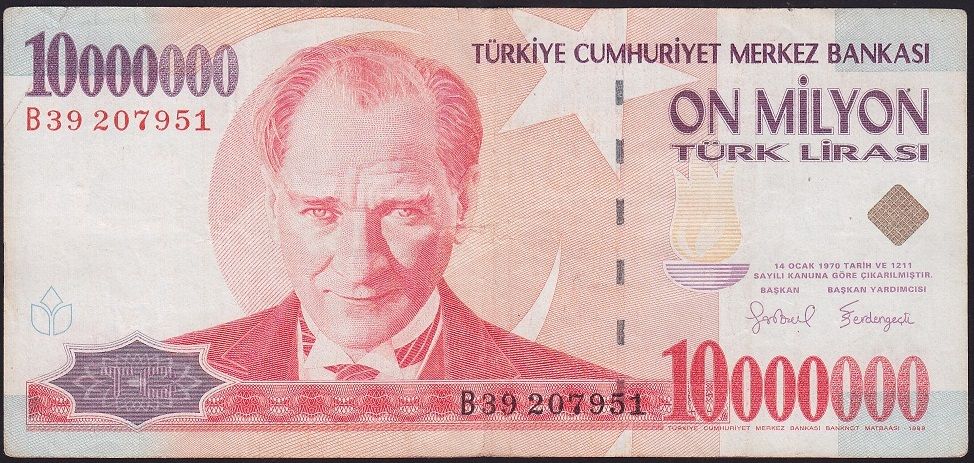7.Emisyon 10 000 000 Lira B39 207951 Çok Temiz