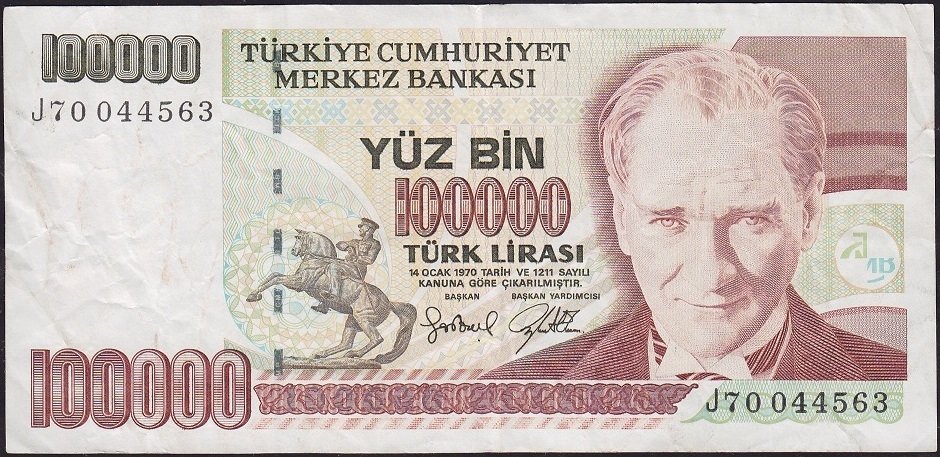 7.Emisyon 3.Tertip 100000 Lira J70 044563 Çok Temiz+