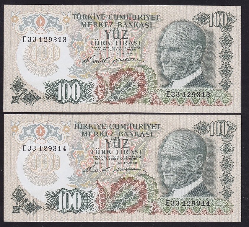 6.EMİSYON 1.TERTİP 100 LİRA E33 129313 - 314 ÇİLALTI ÇİL - SERİ TAKİPLİ 2 ADET