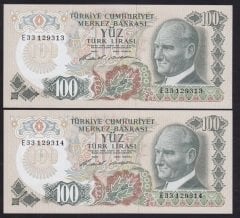 6.EMİSYON 1.TERTİP 100 LİRA E33 129313 - 314 ÇİLALTI ÇİL - SERİ TAKİPLİ 2 ADET