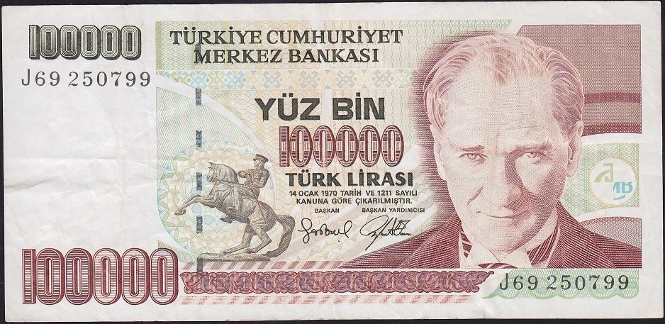 7.Emisyon 3.Tertip 100000 Lira J69 250799 Çok Temiz+