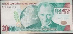 7.Emisyon 20 000 000 Lira A72 257105 Çok Temiz