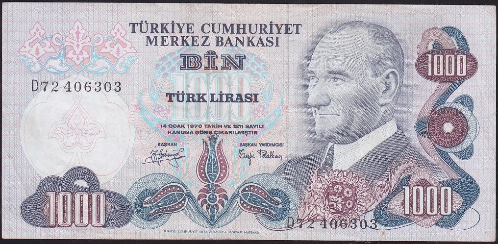 6.Emisyon 2.Tertip 1000 Lira D72 406303 Çok Temiz+