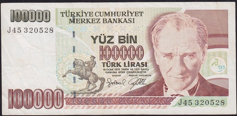 7.Emisyon 3.Tertip 100000 Lira J45 320528 Çok Temiz+