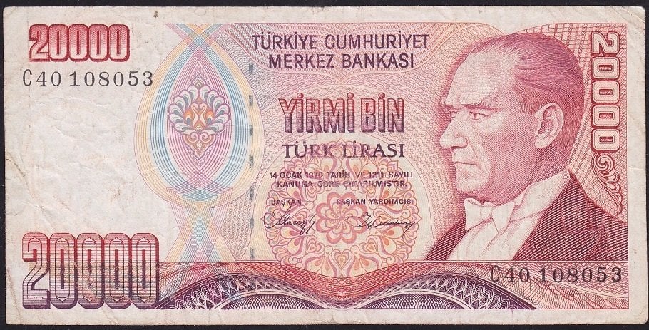 7.Emisyon 1.Tertip 20000 Lira C40 108053 Çok Temiz