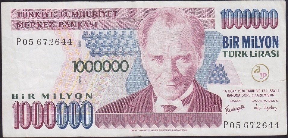 7.Emisyon 3.Tertip 1 000 000 Lira P05 672644 Çok Temiz +