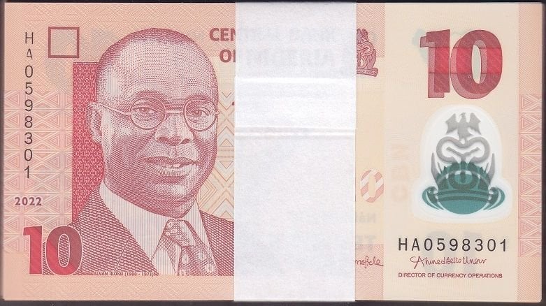 Nijerya 10 Naira 2022 Deste (100 Adet) Çil Polimer