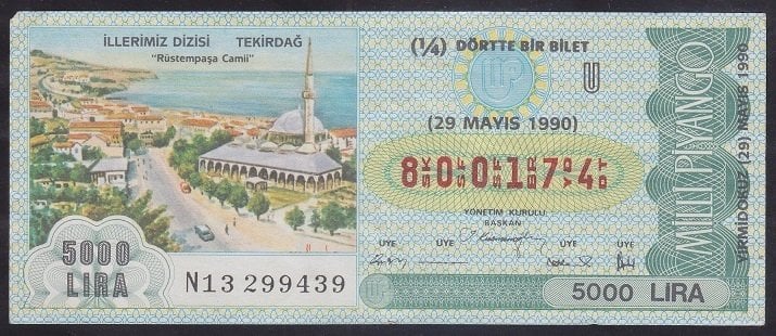 1990 29 Mayıs Çeyrek Bilet - U Serisi - Tekirdağ