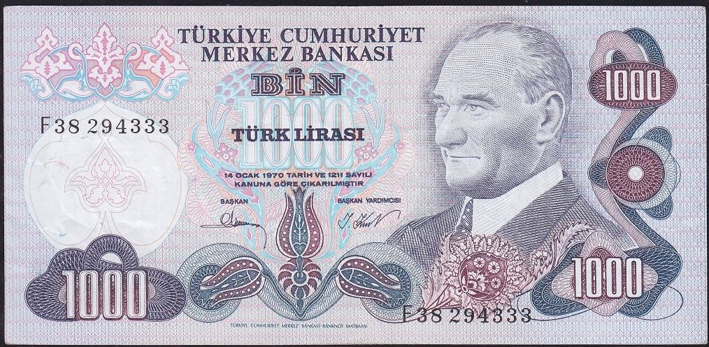 6.Emisyon 3.Tertip 1000 Lira F38 294333 Çok Temiz+