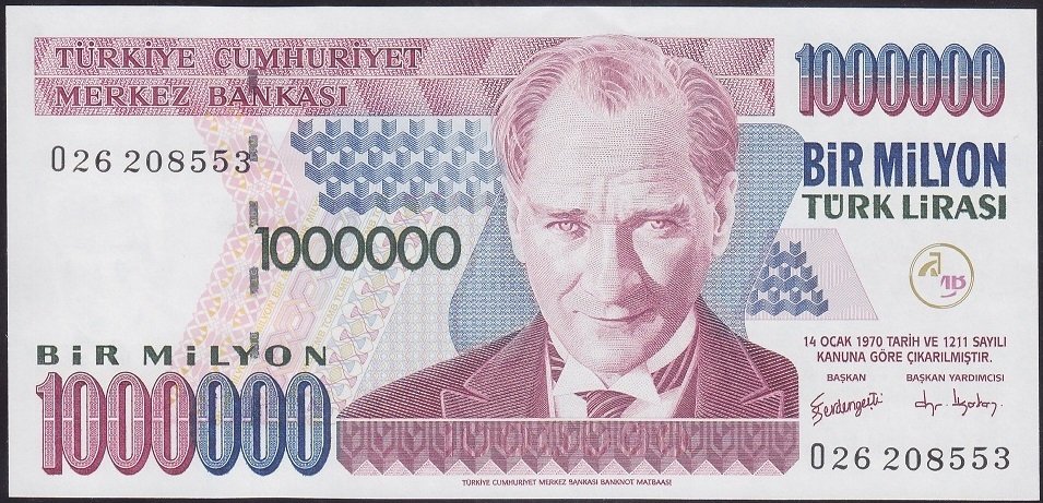 7.Emisyon 3.Tertip 1 000 000 Lira O26 208553 Çilaltı Çil Bandrol baskı izleri var