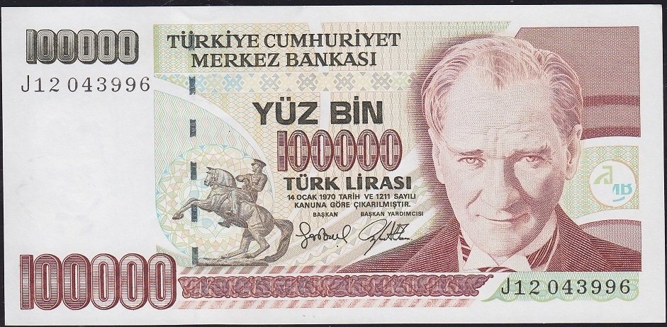 7.Emisyon 3.Tertip 100000 Lira J12 043996 Çilaltı