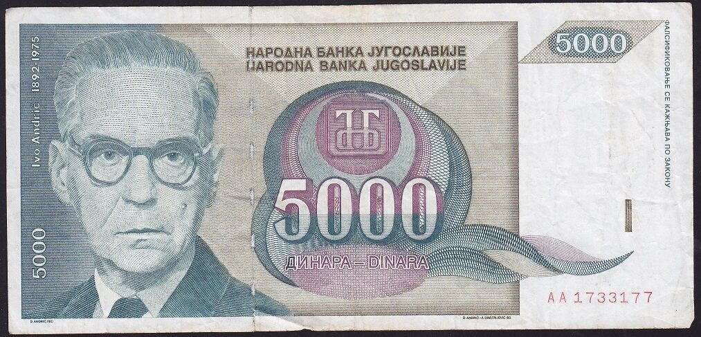 Yugoslavya 5000 Dinar 1992 Temiz